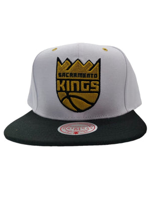 Sacramento Kings Mitchell & Ness NBA Gold Pop Snapback Cap Hat White Crown Black Visor Metallic Gold/Black Logo