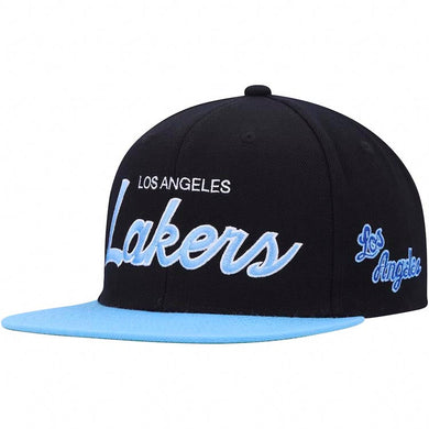 Los Angeles Lakers Mitchell & Ness NBA Snapback Cap Hat Black Crown Sky Blue Visor Sky Blue Script Logo Green UV