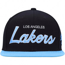 Load image into Gallery viewer, Los Angeles Lakers Mitchell &amp; Ness NBA Snapback Cap Hat Black Crown Sky Blue Visor Sky Blue Script Logo Green UV
