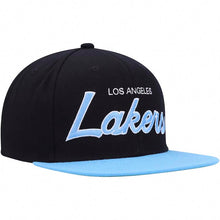 Load image into Gallery viewer, Los Angeles Lakers Mitchell &amp; Ness NBA Snapback Cap Hat Black Crown Sky Blue Visor Sky Blue Script Logo Green UV
