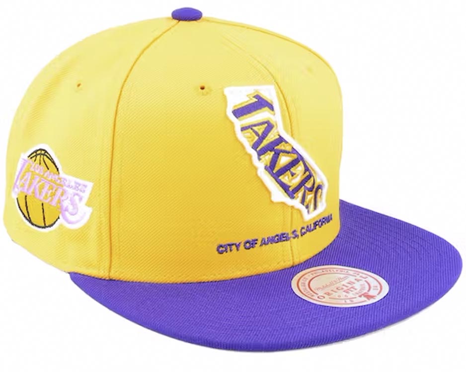 Los Angeles Lakers Mitchell & Ness NBA Snapback Cap Hat Yellow Crown Purple Visor Team Color Logo Inside State Map (Team Insider)