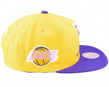 Load image into Gallery viewer, Los Angeles Lakers Mitchell &amp; Ness NBA Snapback Cap Hat Yellow Crown Purple Visor Team Color Logo Inside State Map (Team Insider)
