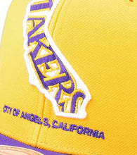 Load image into Gallery viewer, Los Angeles Lakers Mitchell &amp; Ness NBA Snapback Cap Hat Yellow Crown Purple Visor Team Color Logo Inside State Map (Team Insider)
