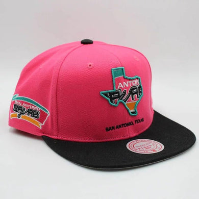 San Antonio Spurs Mitchell & Ness NBA Snapback Cap Hat Pink Crown Black Visor Team Color Logo Inside State Map (Team Insider)