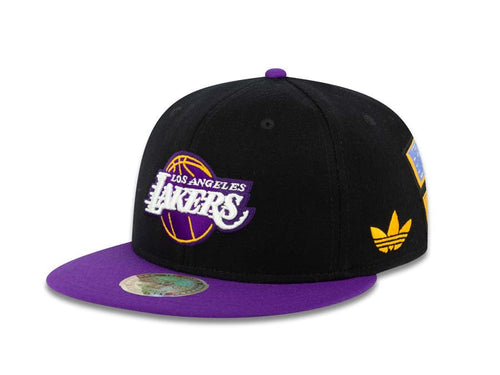 Los Angeles Lakers Adidas NBA Flat Visor Flexfit Cap Hat Black/Purple Crown/Visor White/Purple/Yellow Logo 16X Champions Patches