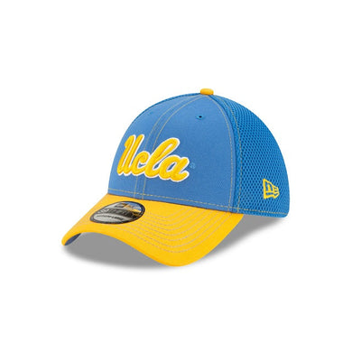 UCLA Bruins New Era NCAA 59FIFTY 5950 Mesh Trucker Fitted Cap Hat Sky Blue Crown Yellow Visor Yellow/White Logo 