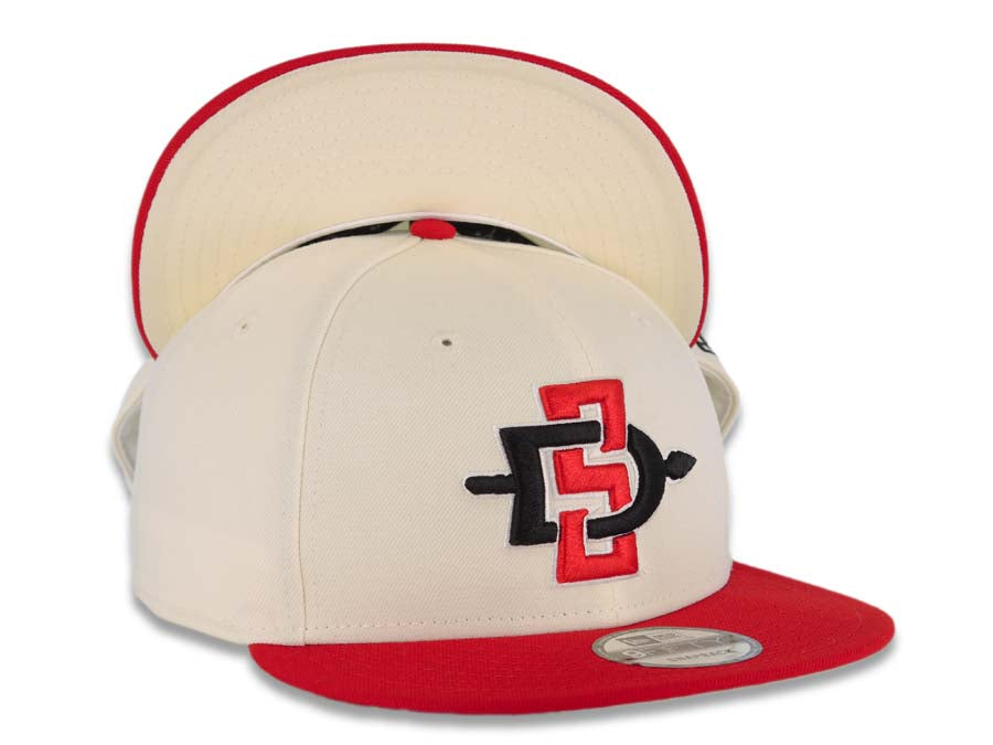 San Diego State Aztecs New Era NCAA 9FIFTY 950 Snapback Cap Hat Cream Crown Red Visor Red/Black/White Team Color Logo 40th Anniversary Side Patch
