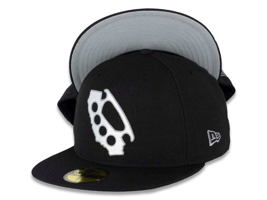 CALI CALIfornia New Era 59FIFTY 5950 Fitted Cap Hat Black Crown/Visor White/Gray Brass Knuckle Logo