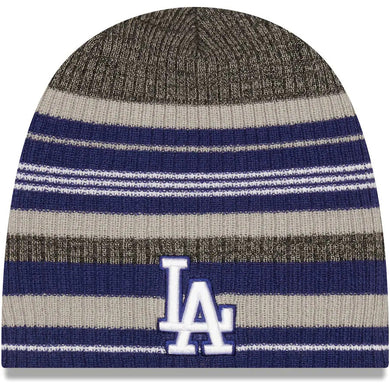 Los Angeles Dodgers New Era MLB Uncuffed Skull Knit Beanie Hat Royal Blue/Gray Striped Crown/Visor White/Royal Blue Logo