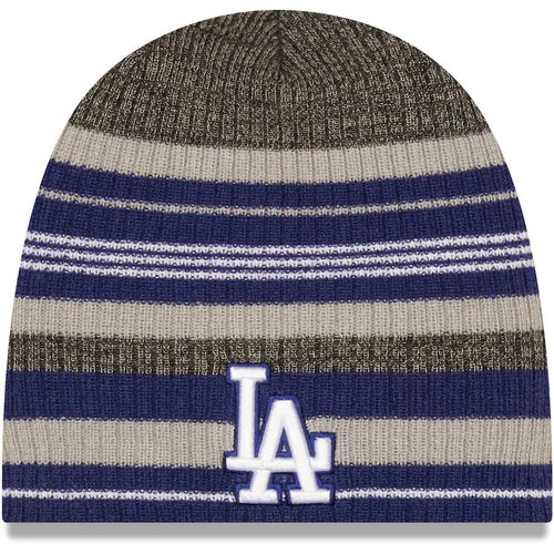 Los Angeles Dodgers New Era MLB Uncuffed Skull Knit Beanie Hat Royal Blue/Gray Striped Crown/Visor White/Royal Blue Logo