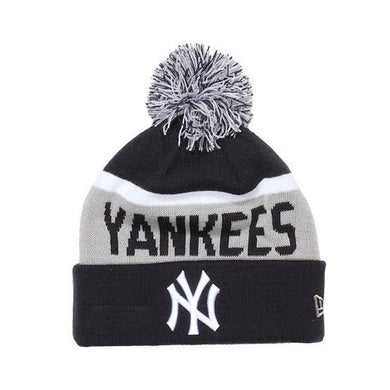 New York Yankees New Era MLB Cuffed Pom Knit Beanie Hat Navy Blue/Gray/White Crown/Visor White Logo (Biggest Fan Redux)