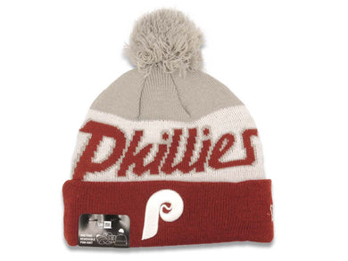 Philadelphia Phillies New Era MLB Cuffed Pom Knit Hat White/Red/Brown Crown/Visor Script A3 Team Color Logo
