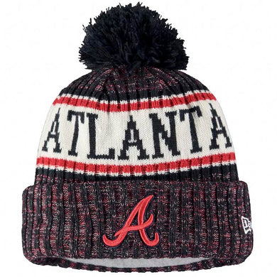 Atlanta Braves New Era MLB 2018 Sideline Cuffed Pom Knit Hat Navy Blue/White/Red Crown/Visor Team Color Logo