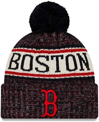 Boston Red Sox New Era MLB Cuffed Pom Knit Hat Navy Blue/Red/White Crown/Visor Red/Black Logo (2018 Sideline)