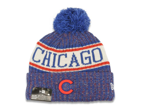 Chicago Cubs New Era MLB 2018 Sideline Cuffed Pom Knit Hat Blue/White/Red Crown/Visor Team Color Logo