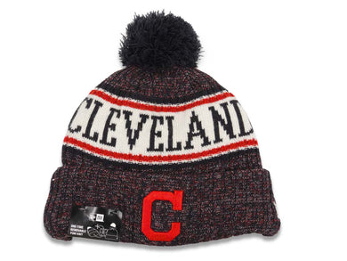Cleveland Indians New Era MLB 2018 Sideline Cuffed Pom Knit Hat Black/White/Red Crown/Visor Team Color Logo