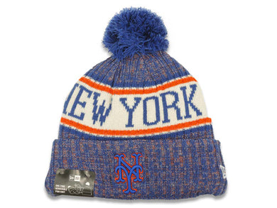 New York Mets New Era MLB 2018 Sideline Cuffed Pom Knit Hat Blue/White/Red Crown/Visor Team Color Logo