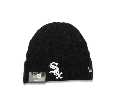 Chicago White Sox New Era MLB Cuffed Pom Knit Velour Hat Black Crown/Visor White Logo