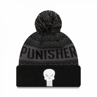 Punisher New Era Cuffed Pom Wintry Knit Beanie Hat Black/Gray Crown/Visor White Skull Logo