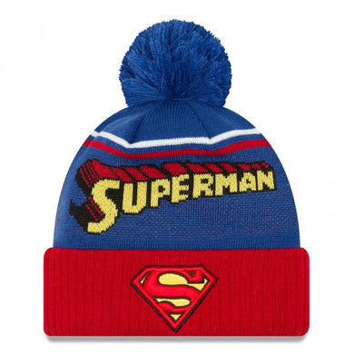 Superman New Era Cuffed Pom Knit Beanie Hat Yellow/Red/Royal Blue Crown/Visor Yellow/Red Logo