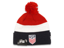 Load image into Gallery viewer, United States USA New Era Tri Block Cuffed Pom Knit Hat Red/White/Black Crown/Visor Team Color Logo
