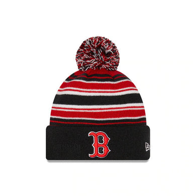 Boston Red Sox New Era MLB Cuffed Pom Knit Hat Navy/Red/White Stripes Crown Black Cuff Team Color Logo