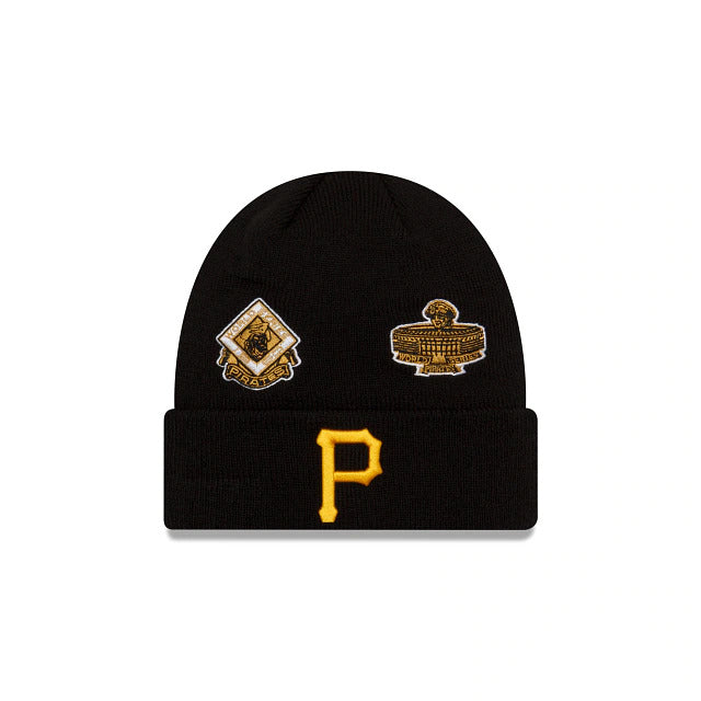 Pittsburgh Pirates New Era MLB Cuffed Knit Hat Black Crown/Cuff Team Color Cooperstown Logo Champions Side Patches