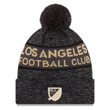 Load image into Gallery viewer, Los Angeles Football Club New Era MLS Cuffed Pom Knit Hat Gray/Black Crown/Visor Metallic Gold Logo (Kick Off)
