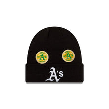 Load image into Gallery viewer, Oakland Athletics New Era MLB Cuffed Pom Knit Hat Black Crown/Visor White Logo World Series Champions Patches

