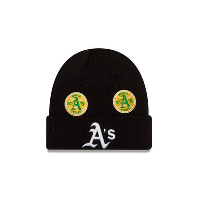 Oakland Athletics New Era MLB Cuffed Pom Knit Hat Black Crown/Visor White Logo World Series Champions Patches