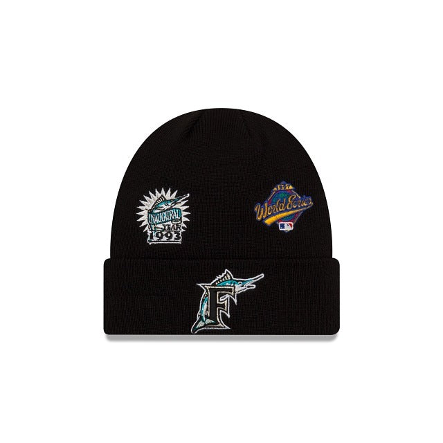 Florida Marlins New Era MLB Cuffed Pom Knit Hat Black Crown/Visor Team Color Logo World Series Champions  Patches