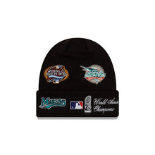 Load image into Gallery viewer, Florida Marlins New Era MLB Cuffed Pom Knit Hat Black Crown/Visor Team Color Logo World Series Champions  Patches
