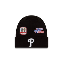 Load image into Gallery viewer, Philadelphia Phillies New Era MLB Cuffed Pom Knit Hat Black Crown/Visor White Cooperstown Logo World Series Champions Patches
