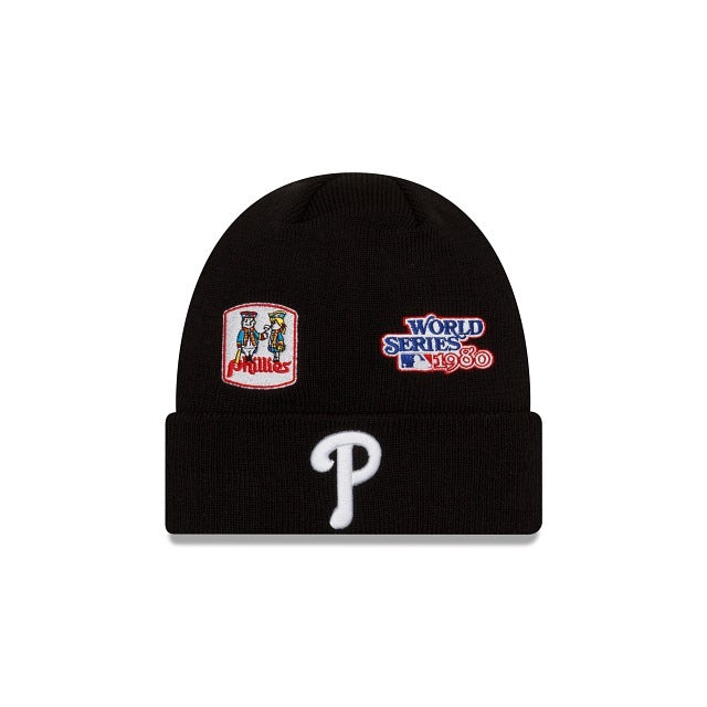 Philadelphia Phillies New Era MLB Cuffed Pom Knit Hat Black Crown/Visor White Cooperstown Logo World Series Champions Patches