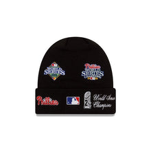 Load image into Gallery viewer, Philadelphia Phillies New Era MLB Cuffed Pom Knit Hat Black Crown/Visor White Cooperstown Logo World Series Champions Patches
