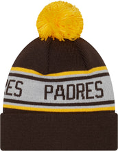 Load image into Gallery viewer, San Diego Padres New Era MLB Cuffed Pom Knit Hat Brown/White Crown Yellow Team Color Logo (Repeat)
