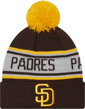 Load image into Gallery viewer, (Youth) San Diego Padres New Era MLB Cuffed Pom Knit Hat Brown/White Crown Yellow Team Color Logo (Repeat)
