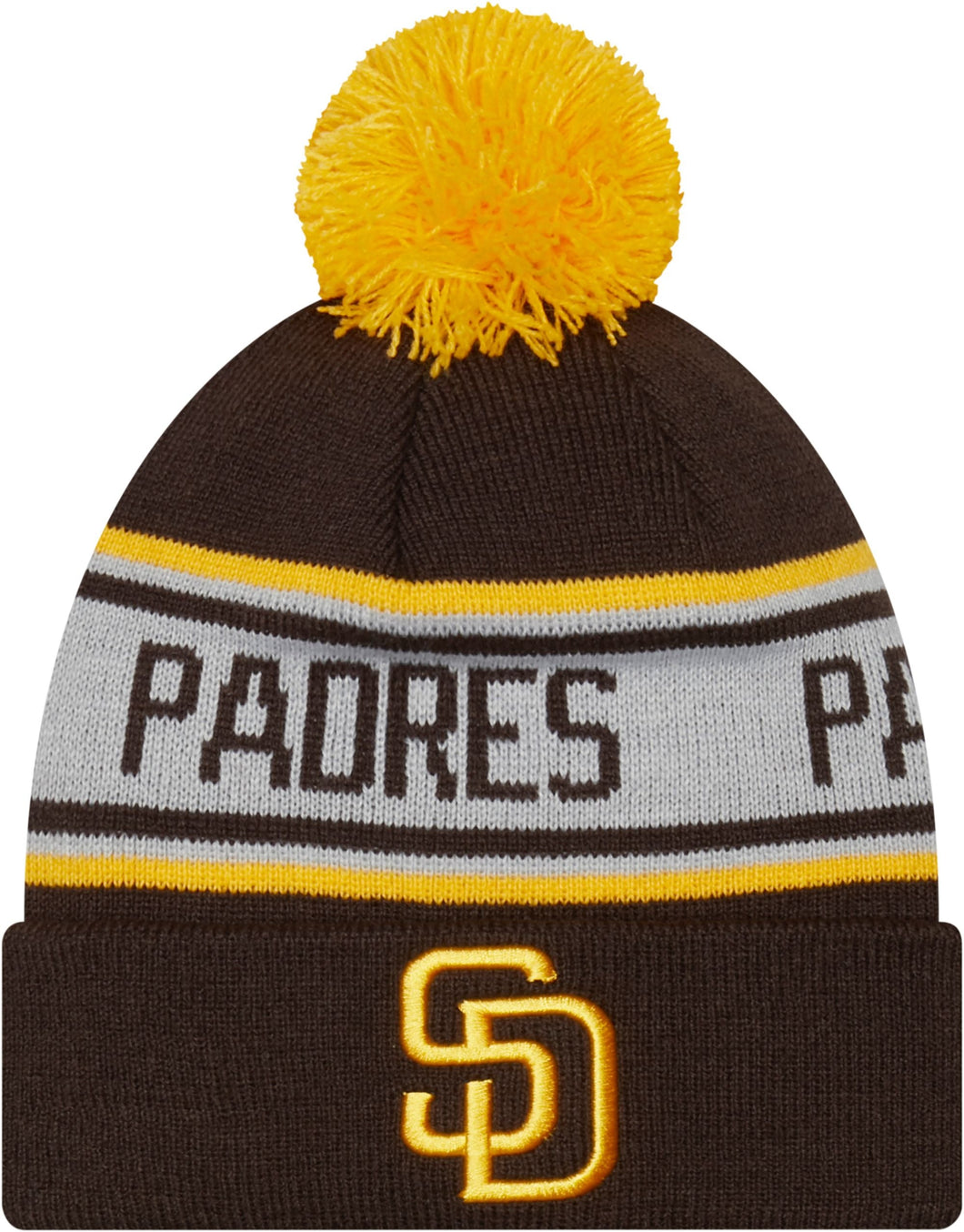 (Youth) San Diego Padres New Era MLB Cuffed Pom Knit Hat Brown/White Crown Yellow Team Color Logo (Repeat)