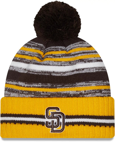 San Diego Padres New Era MLB Cuffed Pom Knit Beanie Hat Brown/White/Yellow Crown/Visor Team Color Logo (2021 Sideline)