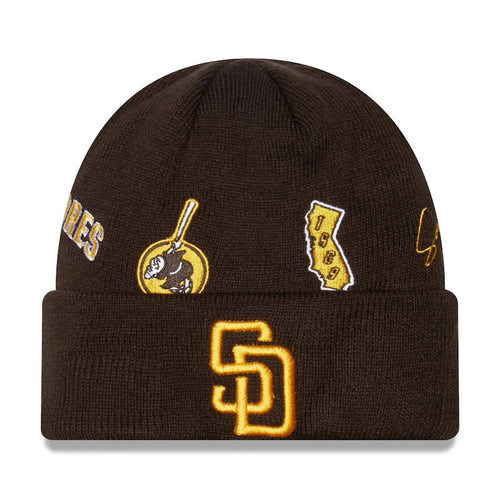 (Youth) San Diego Padres New Era MLB Cuffed Kid Knit Beanie Hat Brown Crown/Visor Gold Logo (Identity)