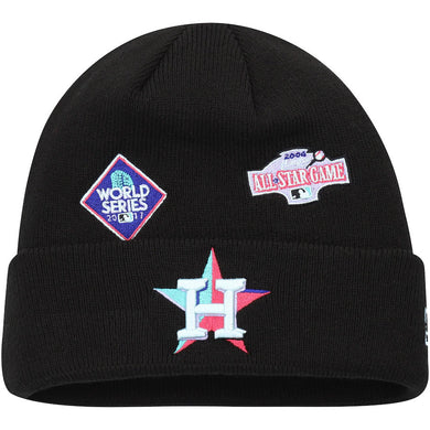 Houston Astros New Era MLB Cuffed Knit Beanie Hat Black Crown/Visor Multi-Color Logo With Multiple Patches (Polar Lights)