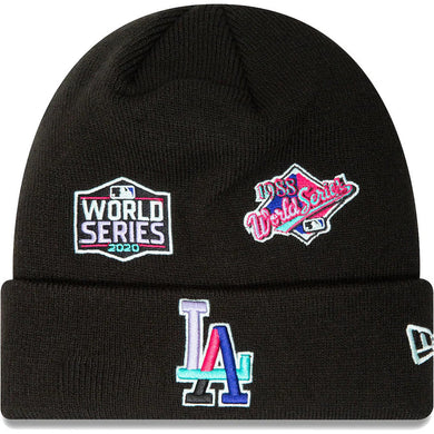 Los Angeles Dodgers New Era MLB Cuffed Knit Beanie Hat Black Crown/Visor Multi-Color Logo With Multiple Patches (Polar Lights)