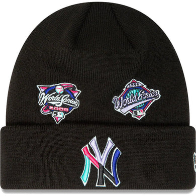 New York Yankees New Era MLB Cuffed Knit Beanie Hat Black Crown/Visor Multi-Color Logo With Multiple Patches (Polar Lights)