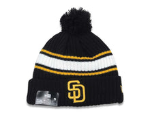 Load image into Gallery viewer, San Diego Padres New Era MLB Cuffed Pom Knit Beanie Hat Black/White/Yellow Crown/Visor Yellow Logo (Knit Fold)
