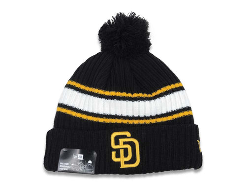 San Diego Padres New Era MLB Cuffed Pom Knit Beanie Hat Black/White/Yellow Crown/Visor Yellow Logo (Knit Fold)
