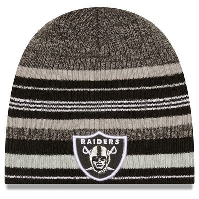 Las Vegas Raiders New Era Uncuffed Skull Knit Beanie Hat Black/Gray Striped Crown/Visor Team Color Logo