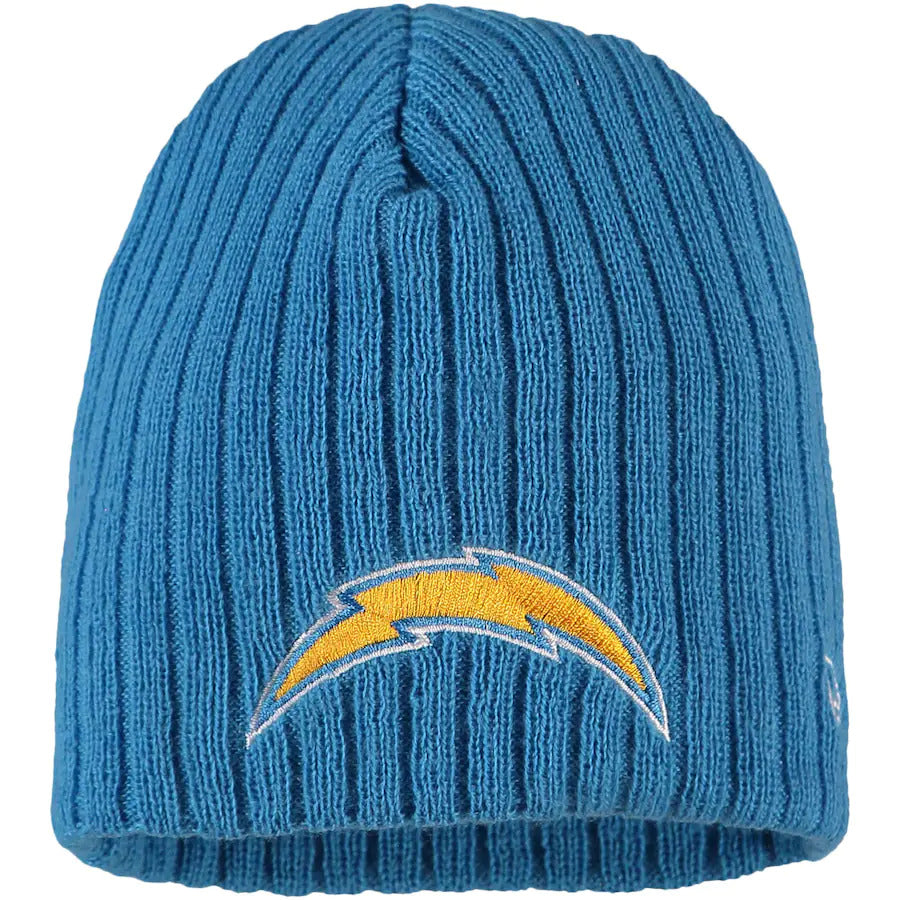 (Infant/Toddler) Los Angeles Chargers New Era NFL Uncuffed Skull Mini Fan Knit Beanie Hat Sky Blue Crown/Visor Team Color Logo