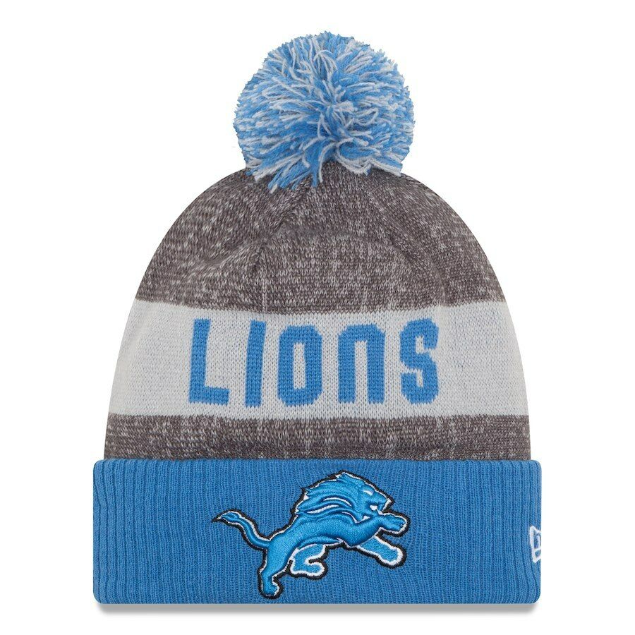 Detroit Lions New Era NFL Cuffed Pom Knit Beanie Hat Royal Blue/Gray Crown/Visor Team Color Logo (2016 Sideline)