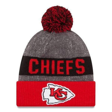 Kansas City Chiefs New Era NFL Cuffed Pom Knit Hat Red/Black/Gray Crown/Visor Team Color Logo (2016 Sideline)