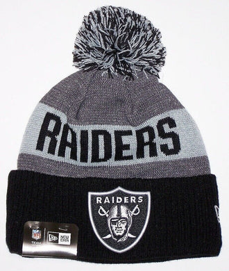 Oakland Raiders New Era NFL Cuffed Pom Knit Beanie Hat Black/Gray Crown/Visor Team Color Logo (2016 Sideline)